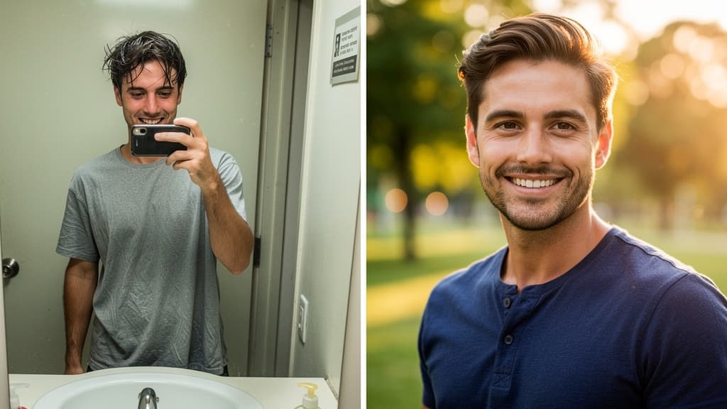 Vorher-Nachher: Selfie zu professionellem KI Dating-Portrait
